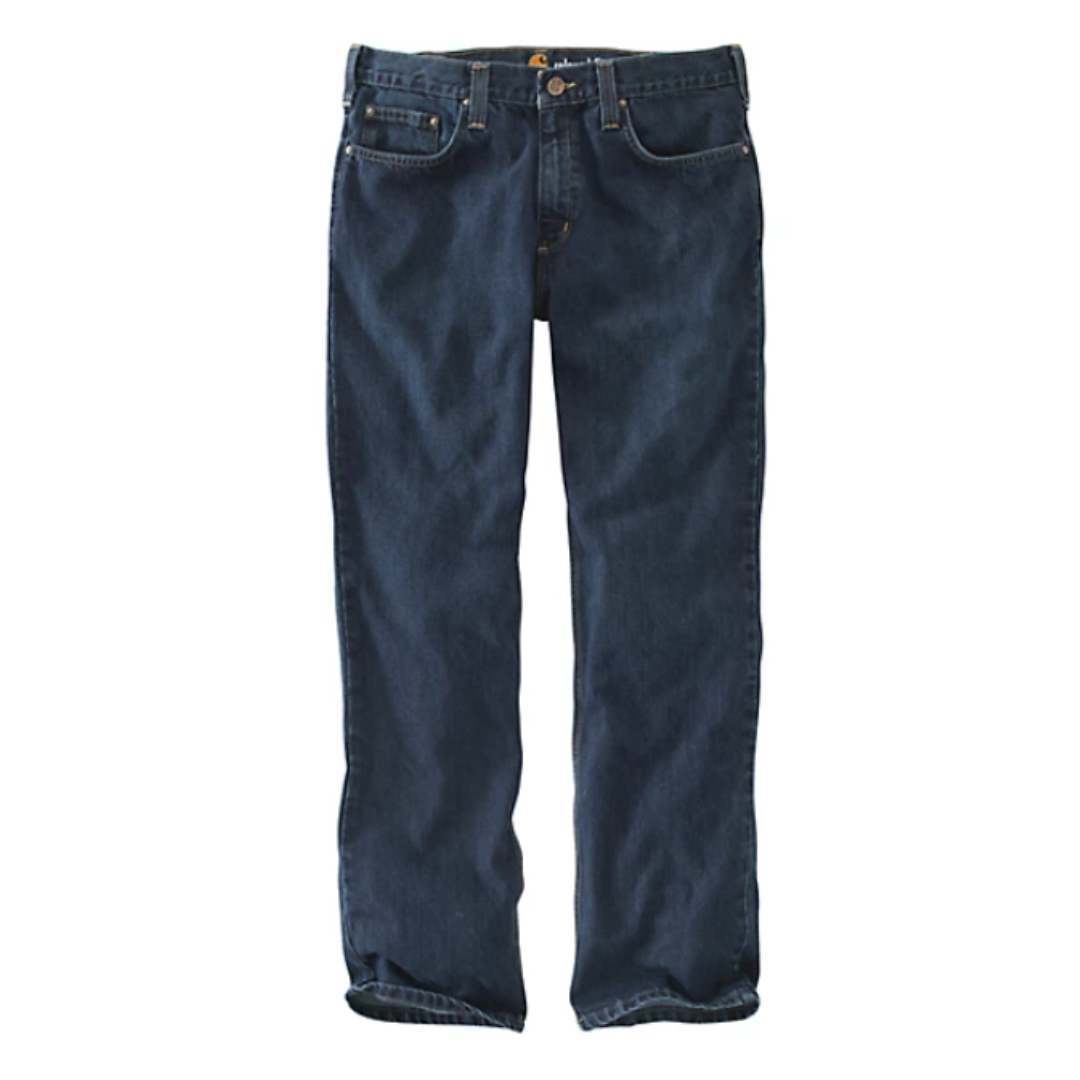 Dark blue denim jeans with a classic five-pocket design and straight-leg cut.