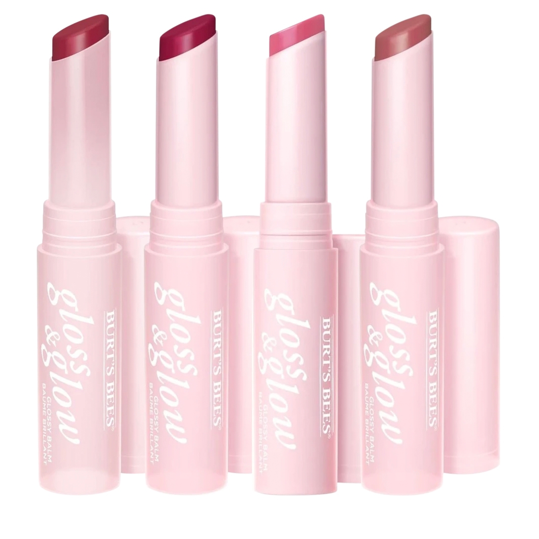 Four Burt's Bees Gloss & Glow lip balms are shown in various shades, each in a pink tube with slanted tips.