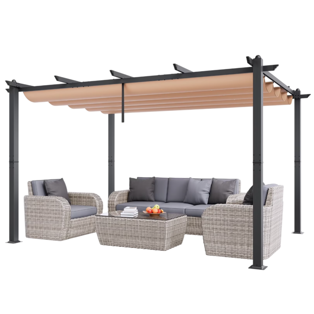 Outdoor seating set with a pergola, featuring a wicker-style sofa, chairs, and a coffee table. The pergola has a retractable canopy for shade.