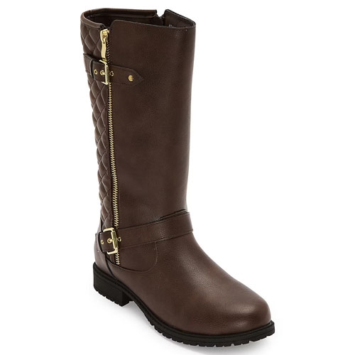 Brown knee-high riding boots with a flat heel, featuring quilted sides, gold zipper, and buckle details.