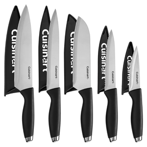 A set of Cuisinart kitchen knives with black handles and protective sheaths, featuring various blade types including chef's, santoku, serrated, and utility knives.