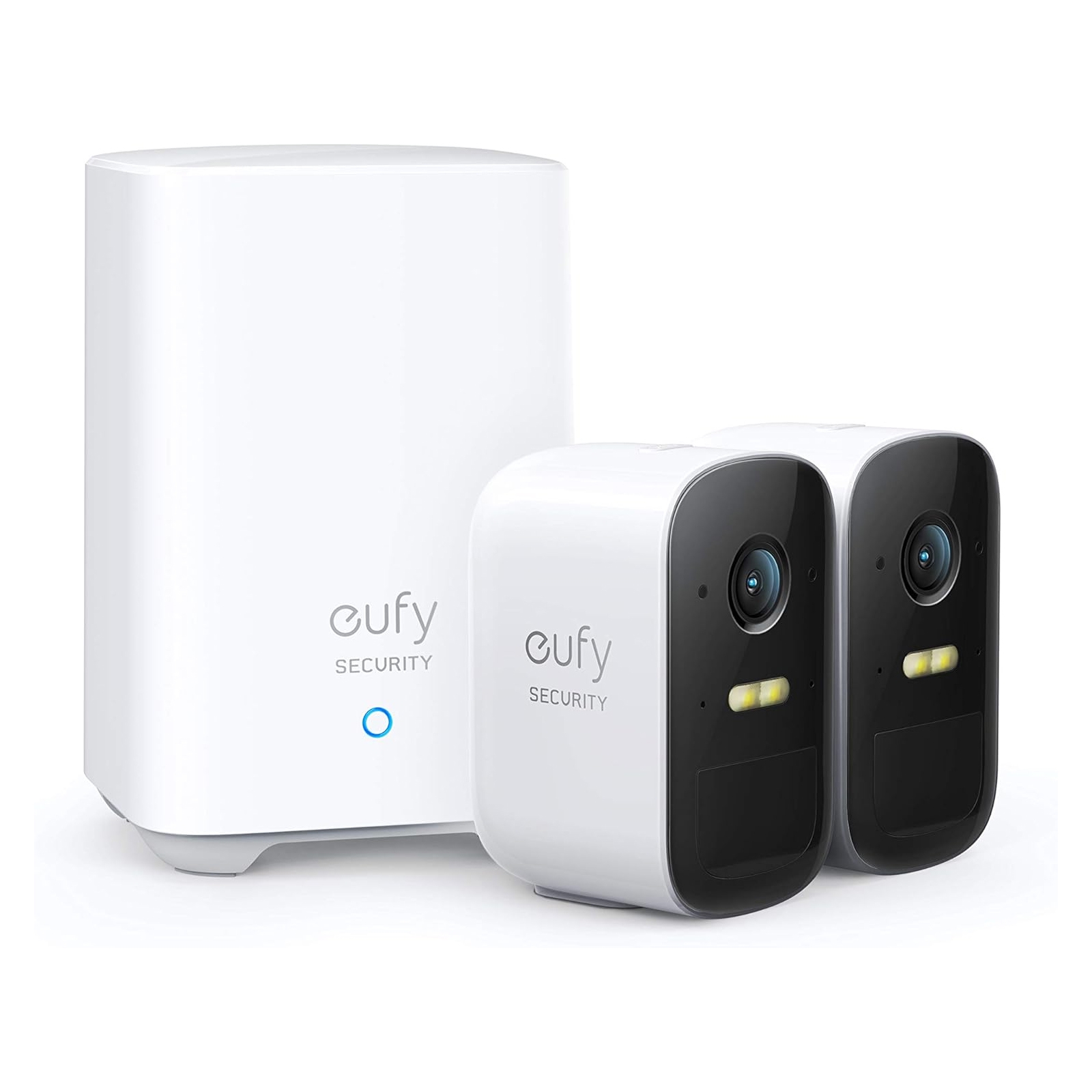 Eufy 2-Camera Security System includes two compact, rectangular security cameras with black and white casing and a base station. They feature a lens, LED light bar, and branding on each device.
