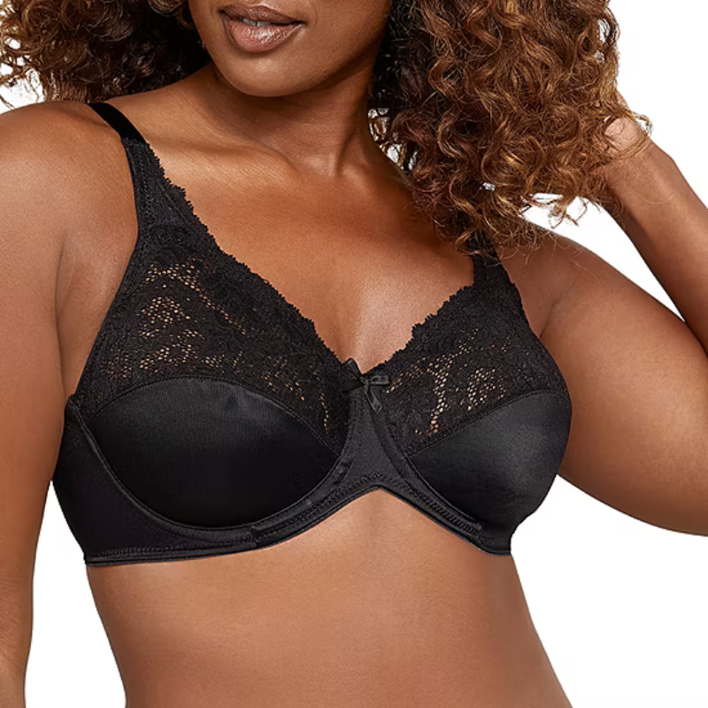 A black lace and satin underwire bra with adjustable straps, featuring a decorative bow at the center.