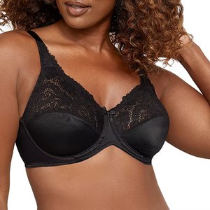 A black lace and satin underwire bra with adjustable straps, featuring a decorative bow at the center.