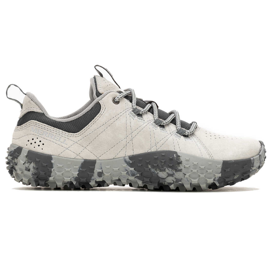 Merrell shoe featuring a rugged sole with a textured pattern, light gray upper, and contrasting darker mesh and laces.
