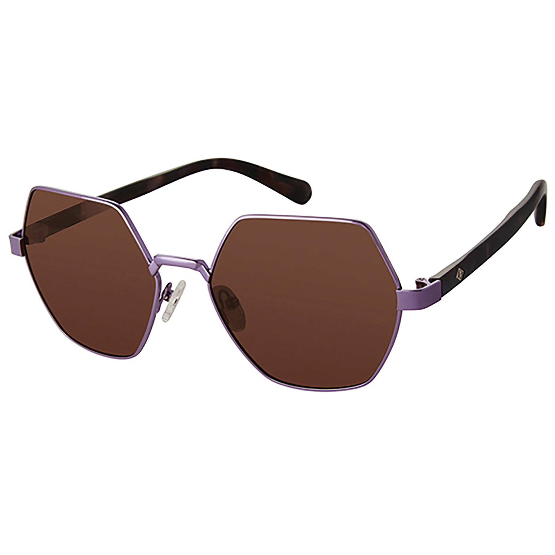 A pair of hexagonal-framed sunglasses with brown tinted lenses and a purple metallic frame.