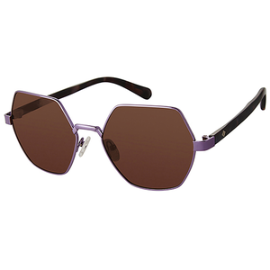 A pair of hexagonal-framed sunglasses with brown tinted lenses and a purple metallic frame.