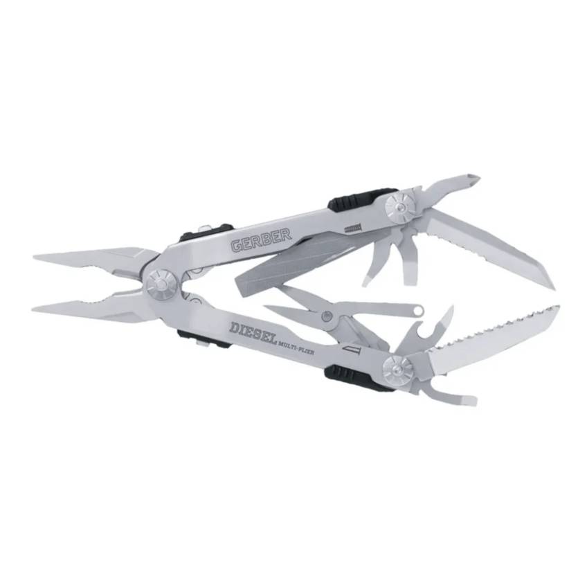 Gerber Diesel Multi-Plier is a stainless steel multitool featuring a variety of tools including pliers, serrated and straight-edge blades, scissors, and multiple screwdrivers, designed for versatility and durability.