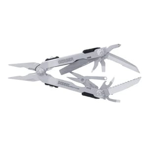 Gerber Diesel Multi-Plier is a stainless steel multitool featuring a variety of tools including pliers, serrated and straight-edge blades, scissors, and multiple screwdrivers, designed for versatility and durability.