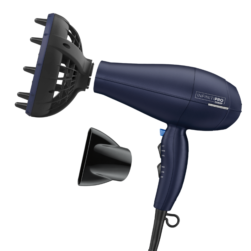 A blue hair dryer with a diffuser attachment and a removable concentrator nozzle, featuring multiple heat and speed settings.