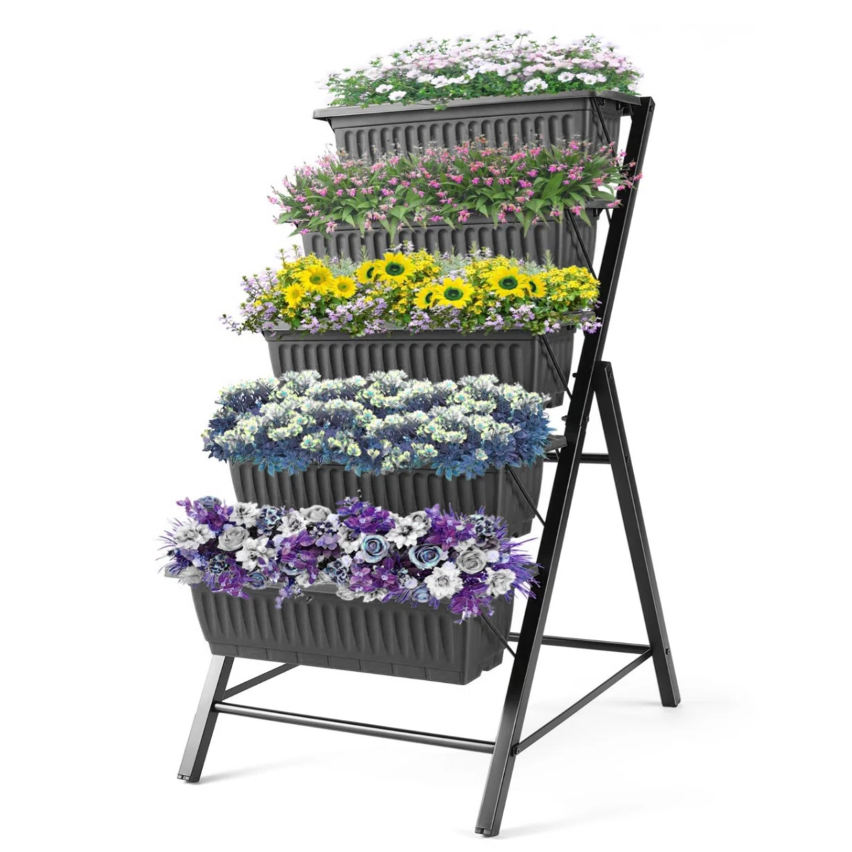 A vertical planter stand with five tiers, each planted with different colorful flowers in a cascading pattern, supported by a sturdy metal frame.