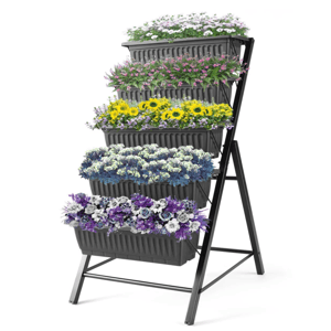 A vertical planter stand with five tiers, each planted with different colorful flowers in a cascading pattern, supported by a sturdy metal frame.