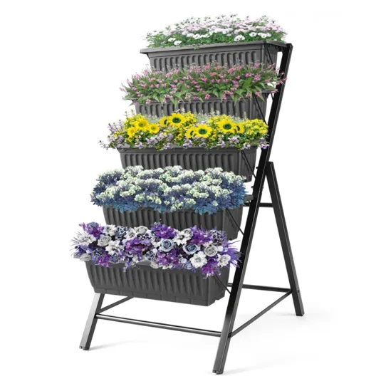 A vertical planter stand with five tiers, each planted with different colorful flowers in a cascading pattern, supported by a sturdy metal frame.