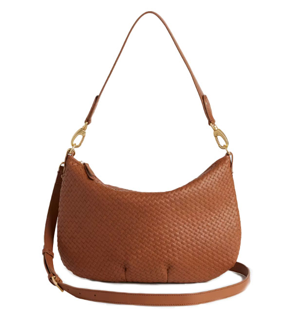 A brown woven leather shoulder bag featuring gold hardware and an adjustable strap.