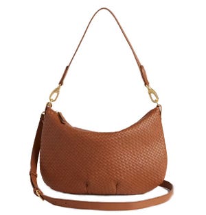 A brown woven leather shoulder bag featuring gold hardware and an adjustable strap.