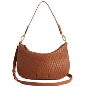 A brown woven leather shoulder bag featuring gold hardware and an adjustable strap.