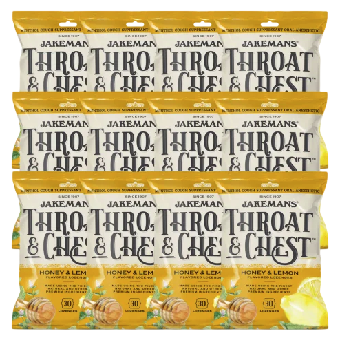 Packages of Jakemans Throat & Chest lozenges in honey & lemon flavor, with each pack containing 30 lozenges.