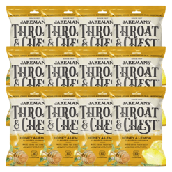 Packages of Jakemans Throat & Chest lozenges in honey & lemon flavor, with each pack containing 30 lozenges.