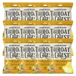 Packages of Jakemans Throat & Chest lozenges in honey & lemon flavor, with each pack containing 30 lozenges.