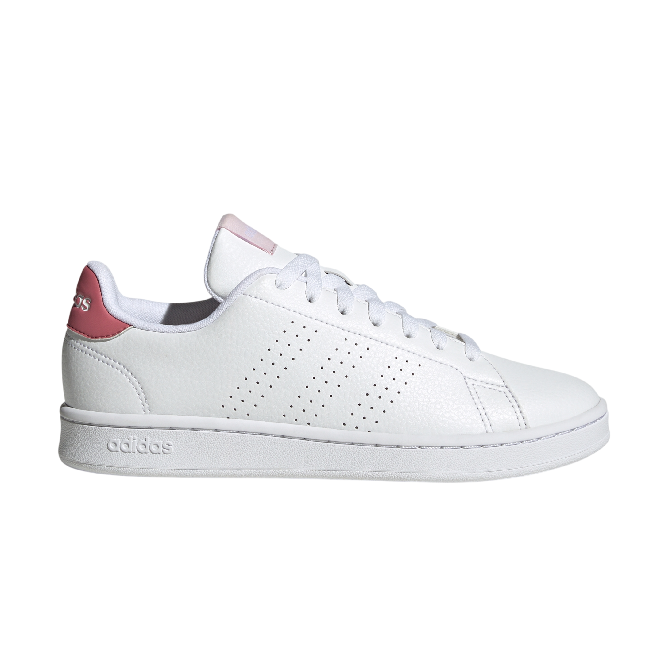 White Adidas sneaker with pink accents, perforated three-stripe design, and \“Adidas\“ branding on the heel.