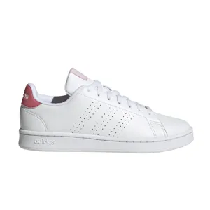 White Adidas sneaker with pink accents, perforated three-stripe design, and \“Adidas\“ branding on the heel.