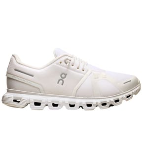 White athletic shoe with a mesh upper, distinctive cushioning, and a unique sole design featuring cut-out sections.