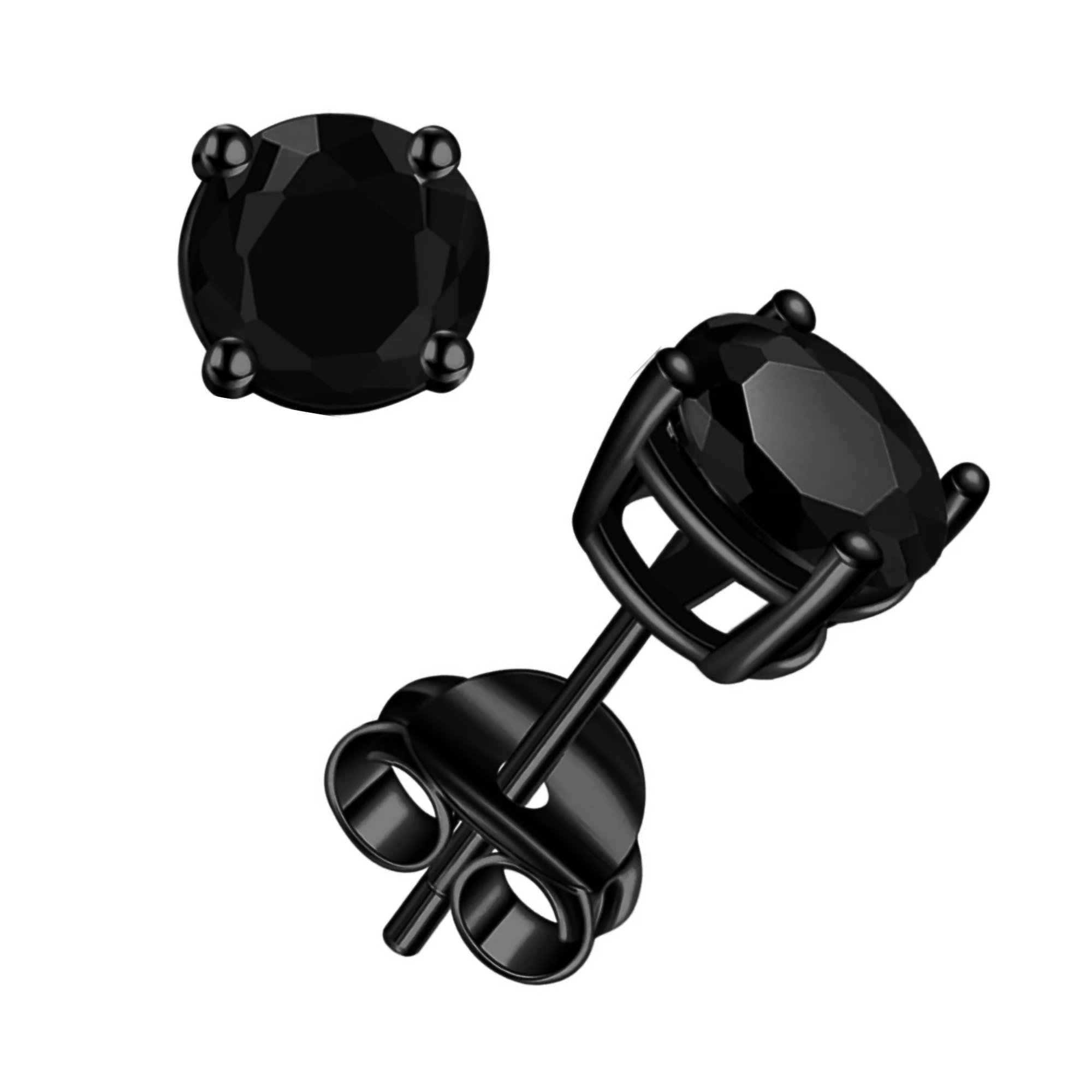 Black stud earrings featuring round-cut stones set in a four-prong setting with a butterfly back closure.