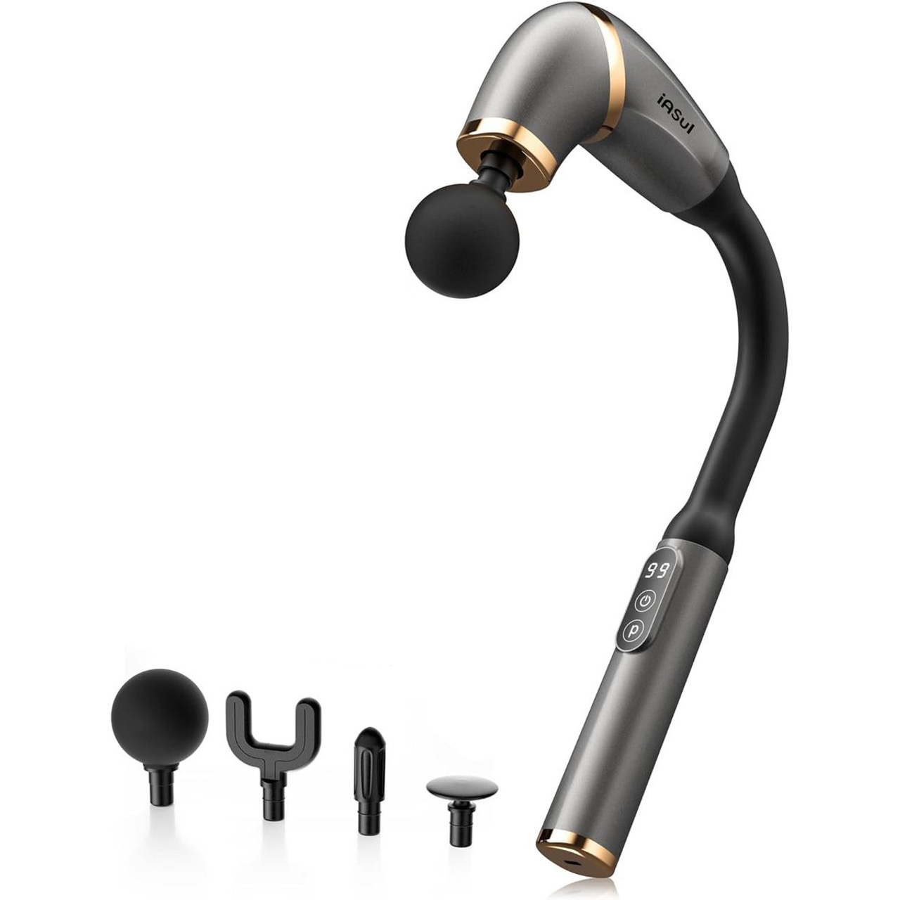 A USB-C massage gun with an ergonomic arc-shaped handle features an LED display. It includes four interchangeable attachments: a large round head, fork head, bullet head, and flat head, designed for targeting various muscle groups.