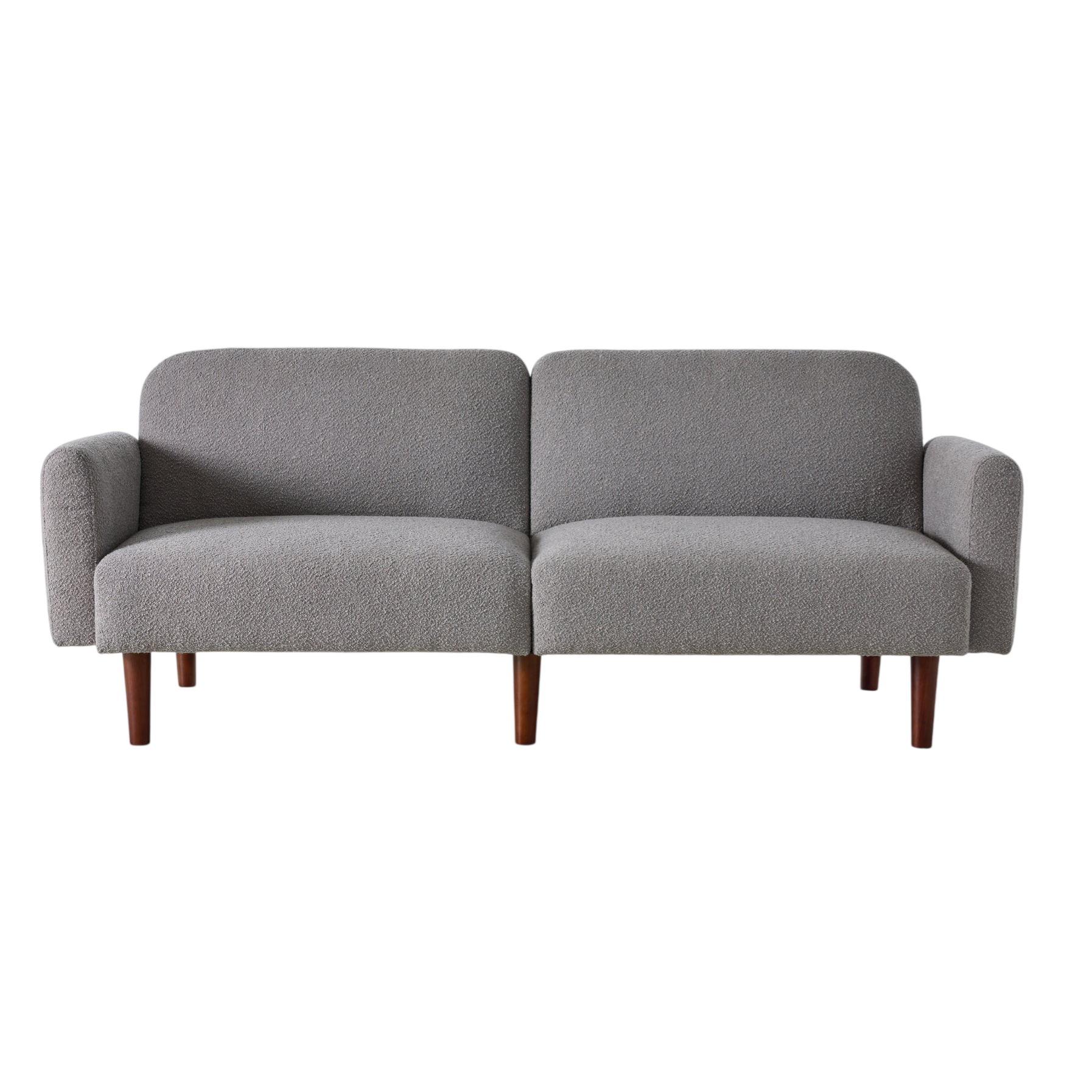 A gray two-seater sofa with textured fabric and wooden legs.