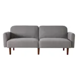 A gray two-seater sofa with textured fabric and wooden legs.