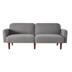 A gray two-seater sofa with textured fabric and wooden legs.