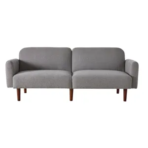 A gray two-seater sofa with textured fabric and wooden legs.