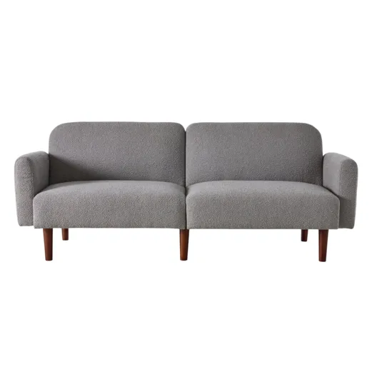 A gray two-seater sofa with textured fabric and wooden legs.