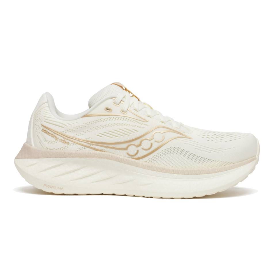 Cream-colored running shoe featuring a lightweight mesh upper, subtle branding, and a cushioned midsole for comfort and support.
