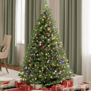 A decorated artificial Christmas tree with multicolored lights is surrounded by wrapped gifts on a festive tree skirt.