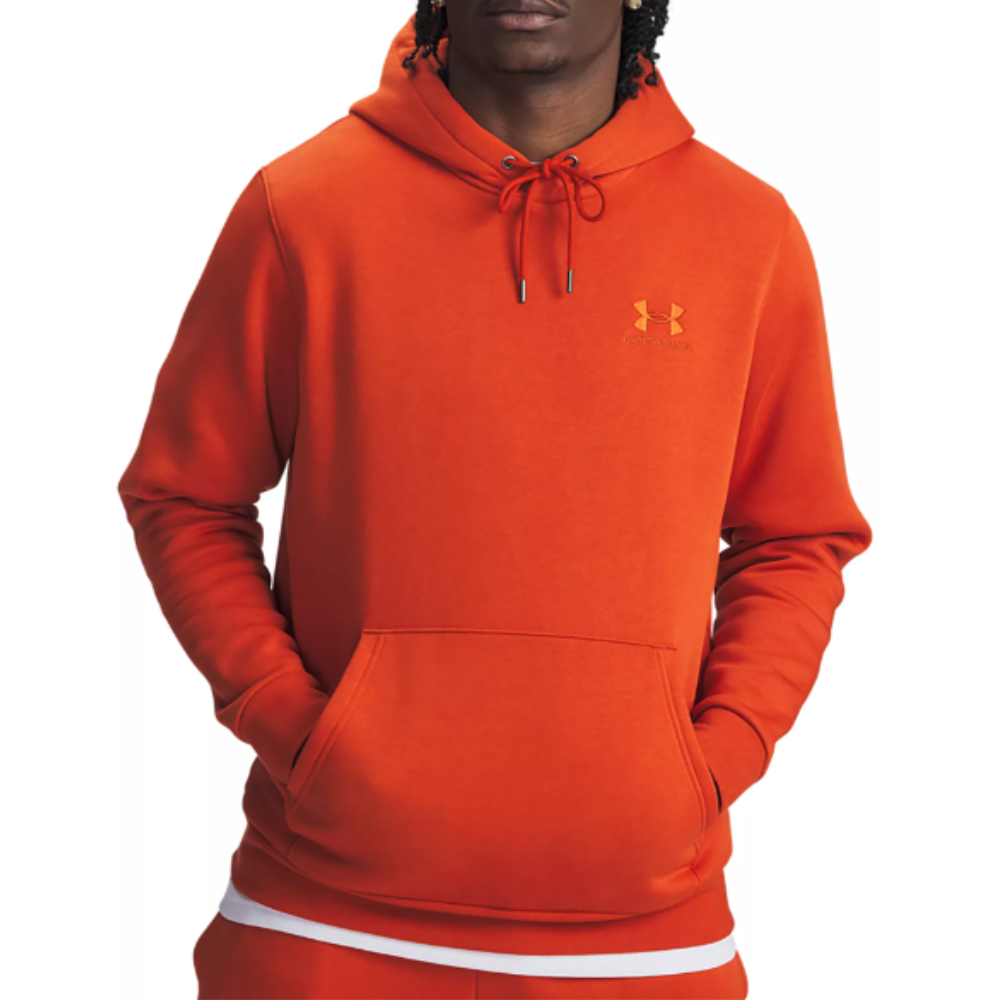 An orange Under Armour hoodie featuring a front pocket and drawstring hood, with the logo on the chest.
