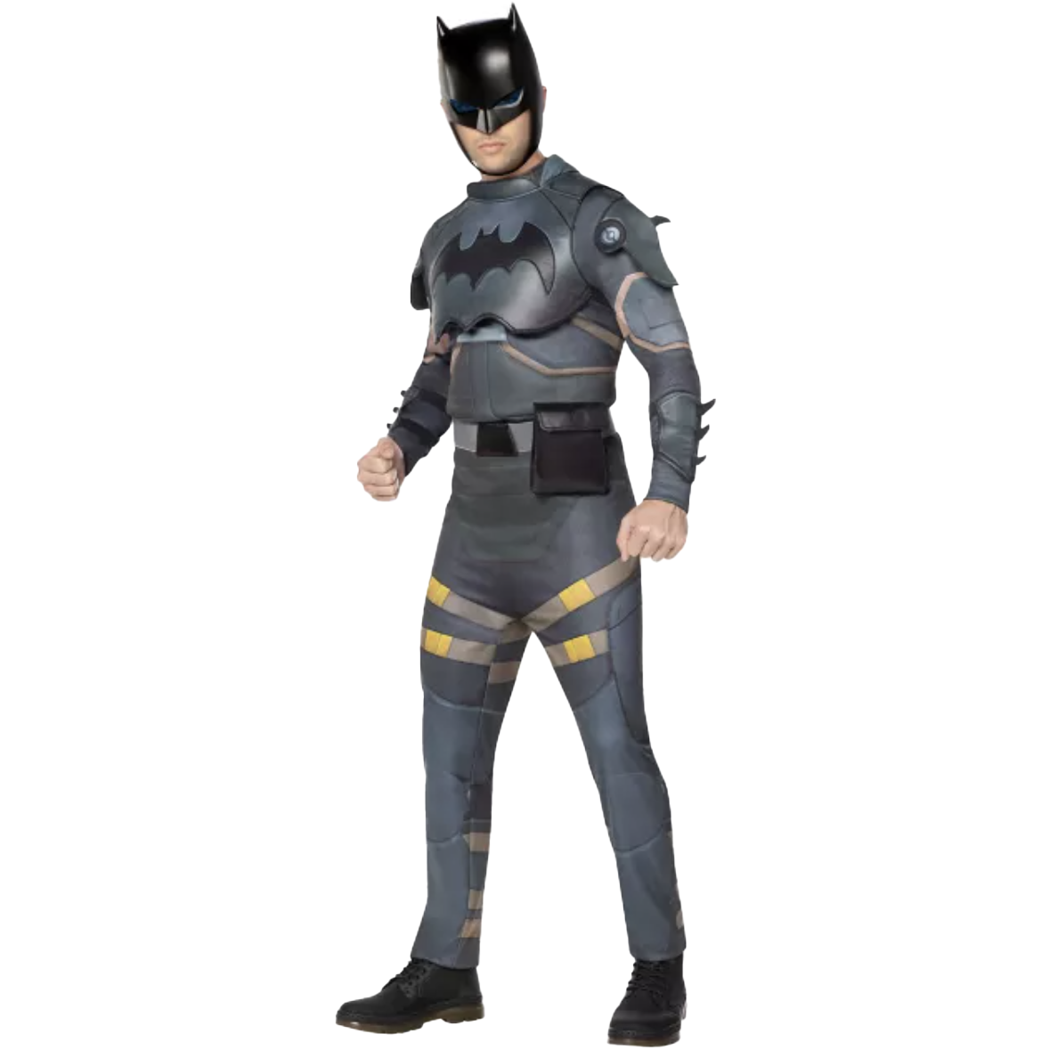 A person is wearing a Batman costume featuring a black helmet and gray suit with a prominent bat symbol. The outfit includes armor-like detailing and a utility belt.