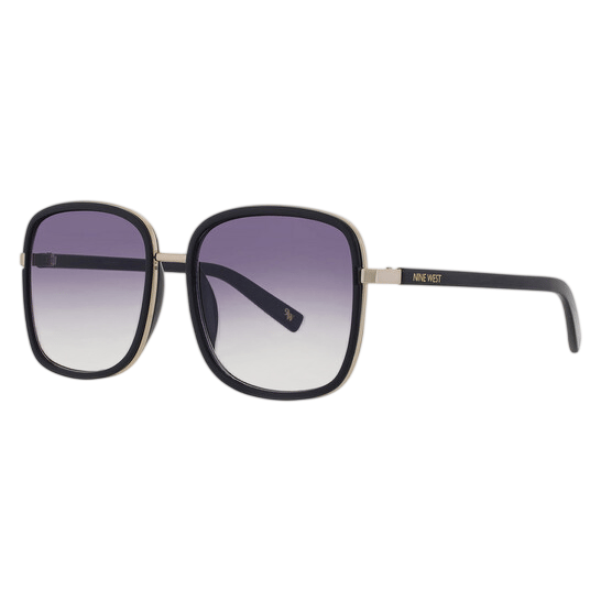 Square gradient-lens sunglasses with black frames and gold accents, featuring the \“Nine West\“ logo on the arms.