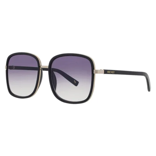 Square gradient-lens sunglasses with black frames and gold accents, featuring the \“Nine West\“ logo on the arms.