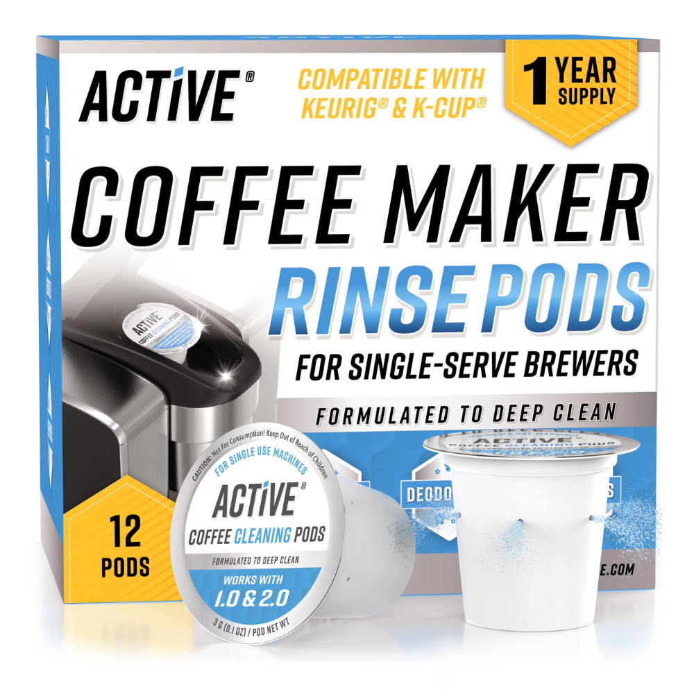 Active Coffee Maker Rinse Pods for single-serve brewers, compatible with Keurig and K-Cup systems, includes 12 cleaning pods formulated for deep cleaning, providing a one-year supply.