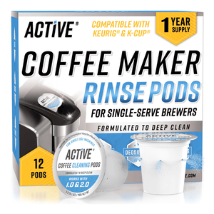 Active Coffee Maker Rinse Pods for single-serve brewers, compatible with Keurig and K-Cup systems, includes 12 cleaning pods formulated for deep cleaning, providing a one-year supply.