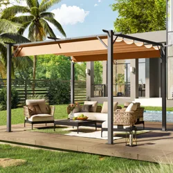 A modern outdoor patio setup featuring a pergola with a retractable canopy, woven chairs, and a cushioned sofa around a low coffee table. Palm trees and a pool are in the background, creating a relaxing garden environment.