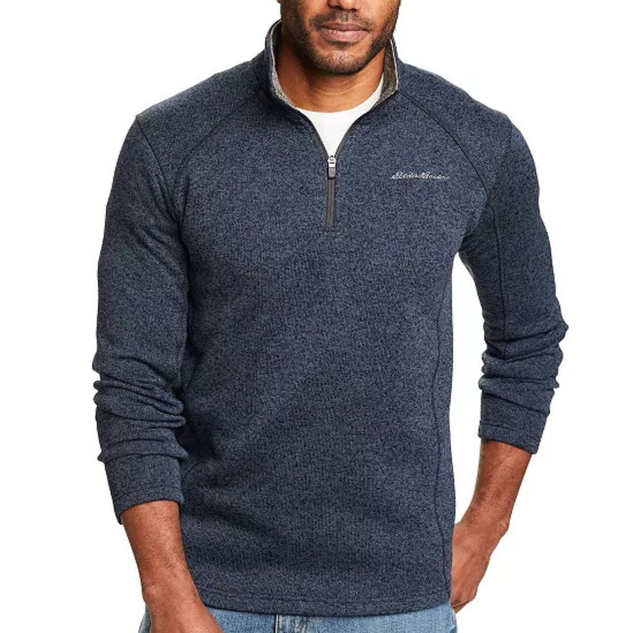 Eddie Bauer Radiator Fleece is a men's blue quarter-zip pullover with long sleeves and a subtle logo on the chest, designed for warmth and comfort.