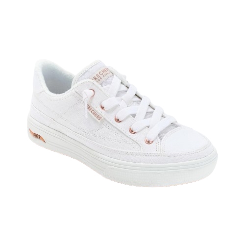 White low-top sneaker with rose gold accents and thick white sole, featuring lace-up closure.