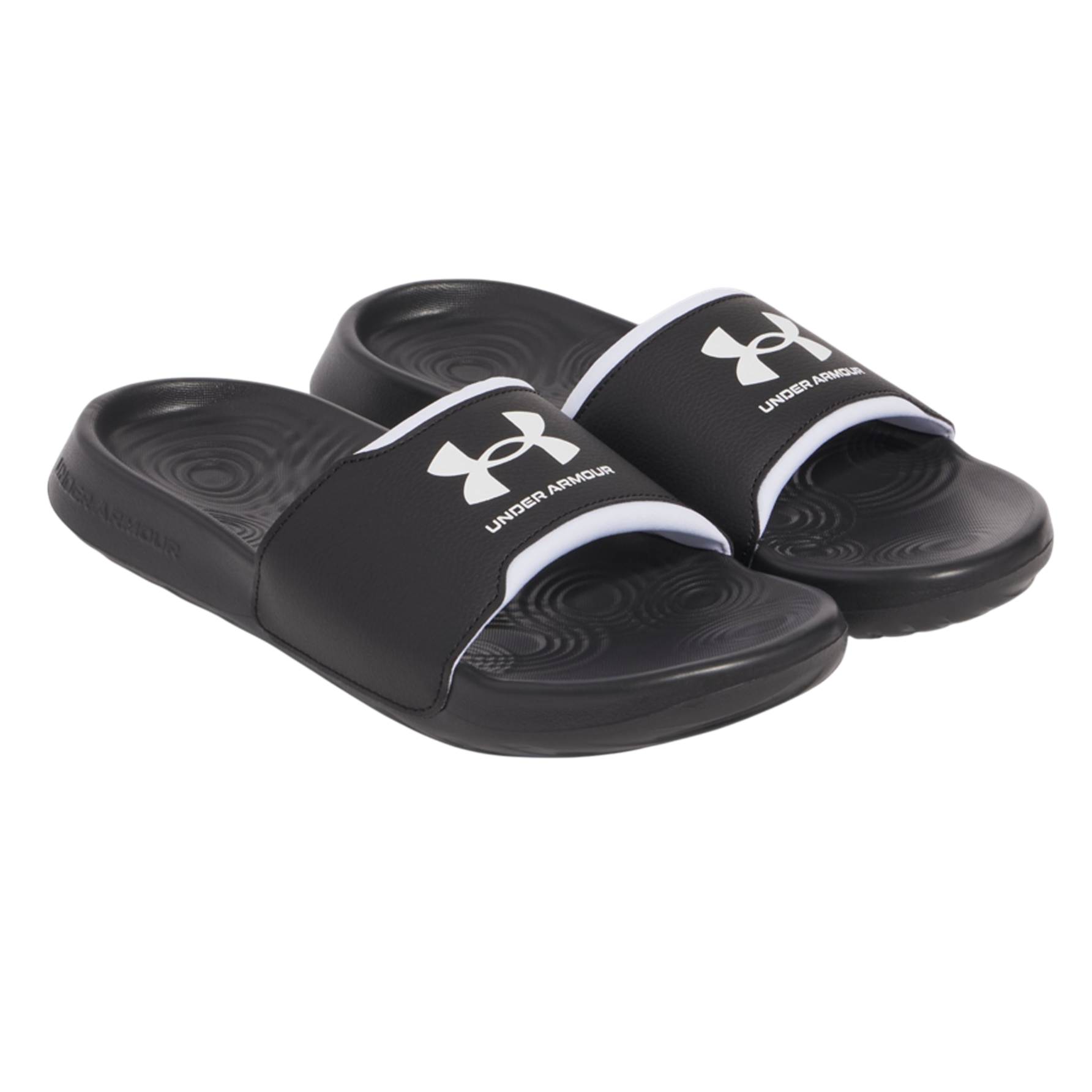 Under Armour black slip-on slides with a white logo and cushioned footbeds designed for comfort.