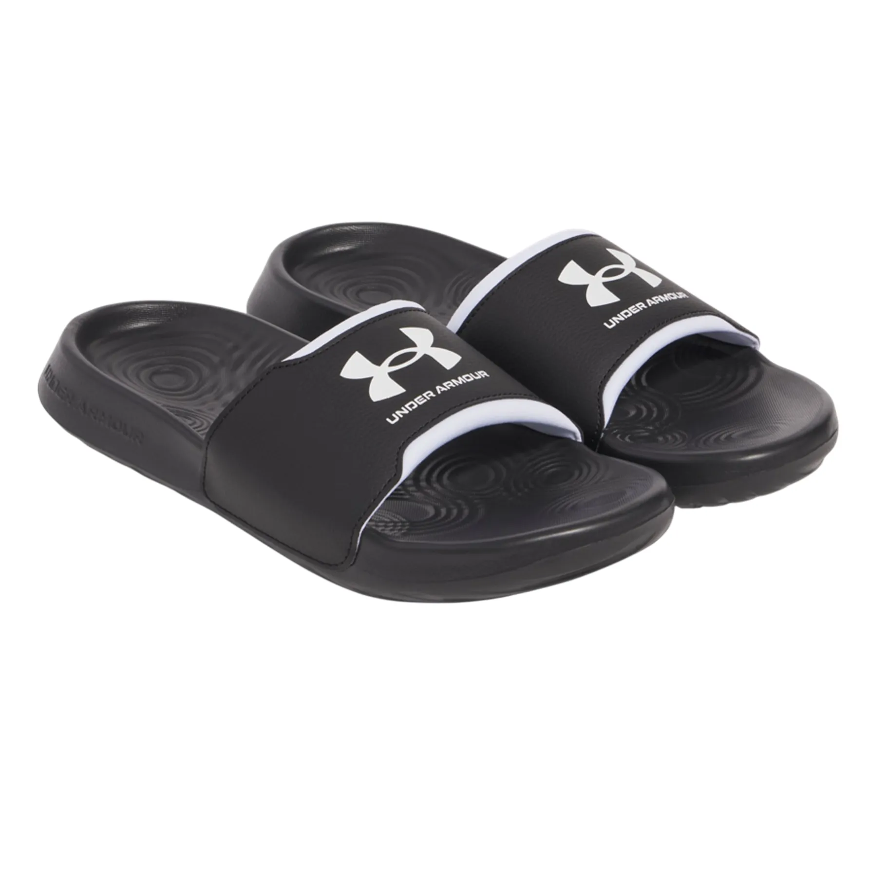 Under Armour black slip-on slides with a white logo and cushioned footbeds designed for comfort.