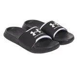 Under Armour black slip-on slides with a white logo and cushioned footbeds designed for comfort.