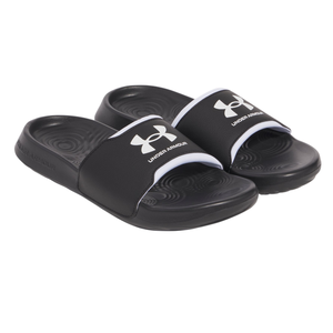 Under Armour black slip-on slides with a white logo and cushioned footbeds designed for comfort.