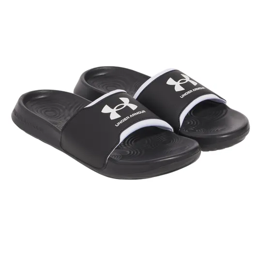 Under Armour black slip-on slides with a white logo and cushioned footbeds designed for comfort.