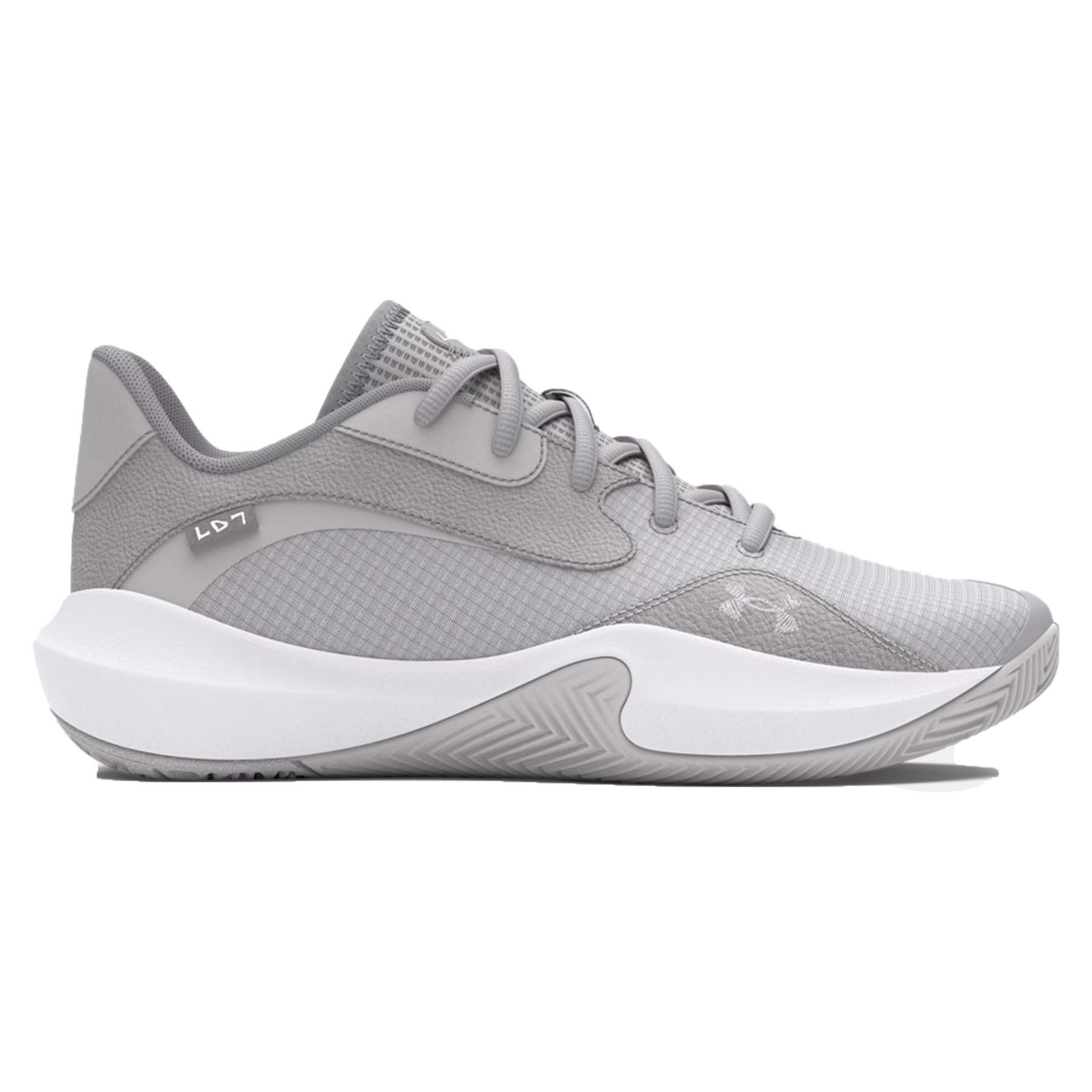 A gray athletic shoe with a sleek, modern design featuring a mesh upper, low-cut style, and a white midsole with a patterned outsole.